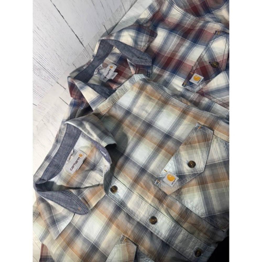 Carhartt Mens Relaxed Fit Short Sleeve Plaid Button Up Bundle of 2